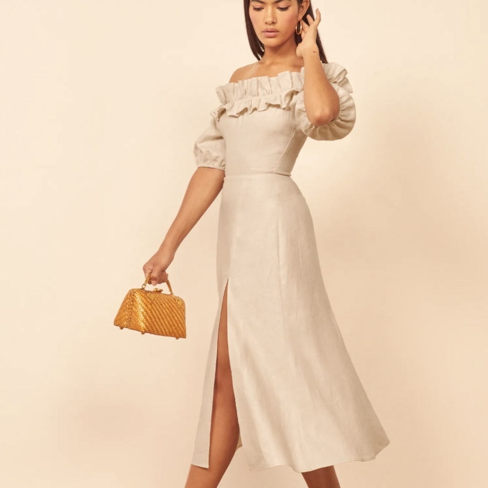 Reformation Cream Off-Shoulder Midi Dress